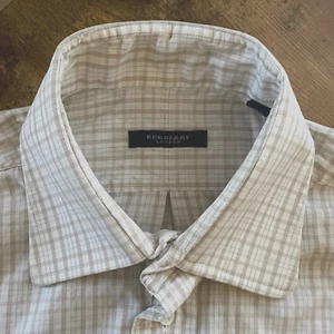Burberry London Mens Dress Shirt Sz 15.5 Tan White Plaid Button Down Long Sleeve - Picture 1 of 7