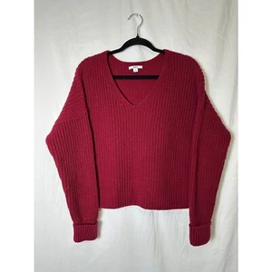 Bar III Women's Burgundy V-Neck Ribbed Crop Sweater, Size L Dolman Sleeves - Picture 1 of 4