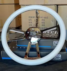 18 Inch Chrome Semi Truck Steering Wheel with White Vinyl Grip - 5 Hole - Picture 1 of 4