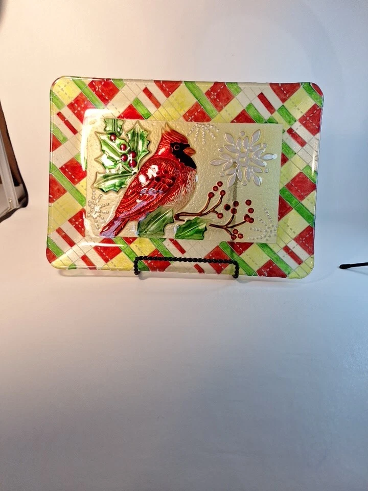 Christmas Cardinal Decorative Glass Embossed Platter. " Winter Lodge" - Image 1 of 4