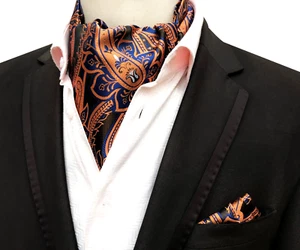Classic Men's Ascot Cravat Tie Silk Paisley Orange Blue Scarf Cravat Hanky Set - Picture 1 of 1