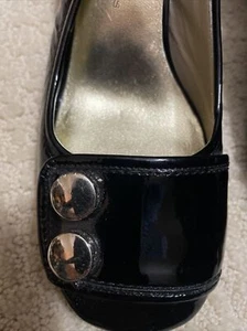Marc Jacobs Womens Shoes 37 6 6.5 Black Pump Block Heel Patent Gold Stripes RARE - Picture 1 of 5