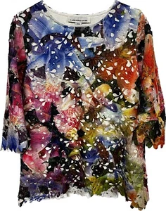 CAROLINE ROSE XSP Womens Top Blouse Bohemian Floral Overlay 3/4 Sleeve Lined - Picture 1 of 13
