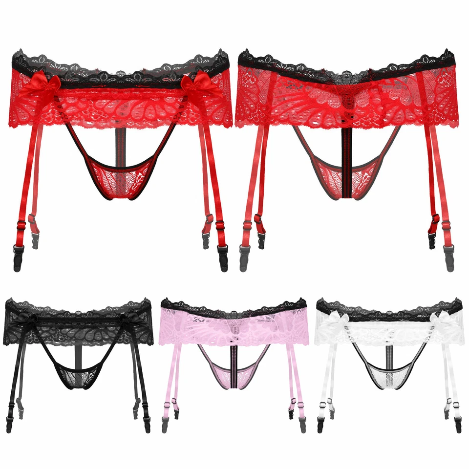 Herren Spitze Slip offenem Schritt Höschen String Tanga Thong mit Strumpfhalter - Bild 1 von 1