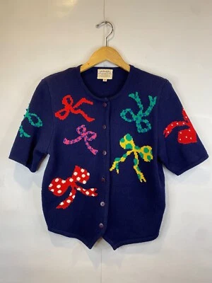 Susan Bristol Short Sleeve Bow Sweater Cardigan Hand Embroidered Vtg Medium - Image 1 of 4