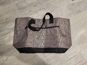 Victoria Secret PINK Tote Bag Gray Black Gold Spell Out Zip Close Lightweight - Picture 1 of 8