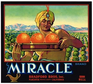 PLACENTIA ORANGE COUNTY CRATE LABEL MIRACLE GENIE DJINNI ART DECO GENUINE 1930S - Bild 1 von 1