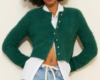 Free People Celeste Cardigan Heart Button Fuzzy in Uncut Emerald Green Jewel XS - Image 1 of 4