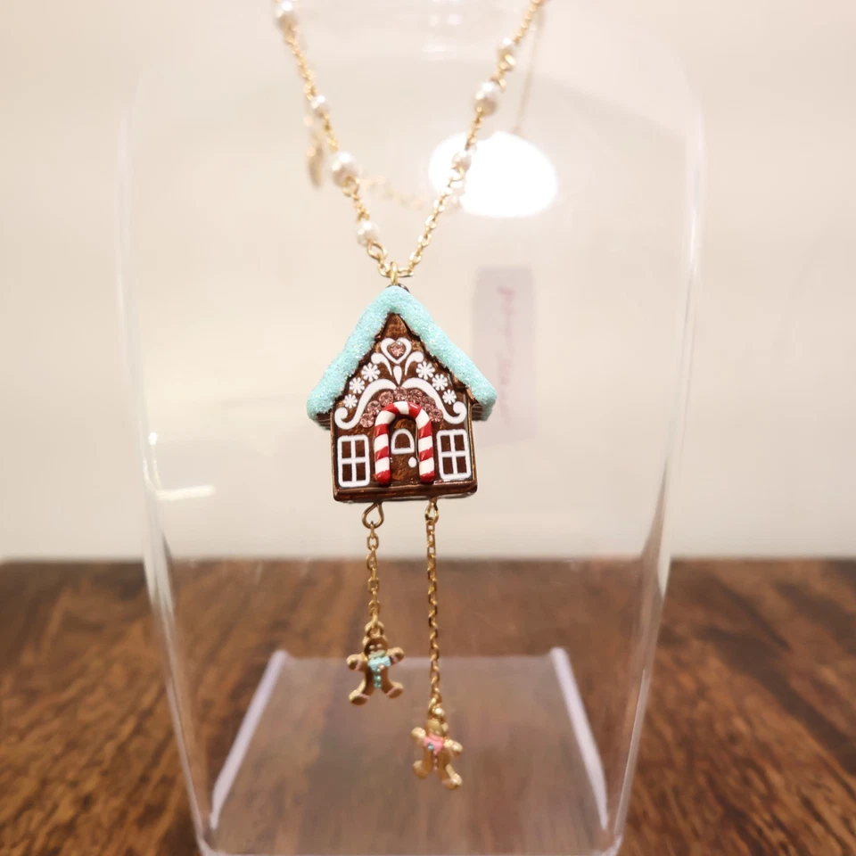 Betsey Johnson necklace gingerbread house with gingerbread people charms signed - Image 1 of 4