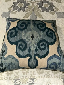 Arhaus Beaded Accent, Throw Pillow 17”x17” Blue And Cream Linen EUC - Picture 1 of 11