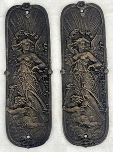 Pair Of Cast Iron door push plate with lady & cherub Nouveau Angel 11x 3 1/4'' - Picture 1 of 12