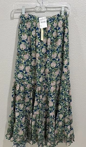 Max Studio Floral Lined Pleated A Line Maxi Skirt Cotton, Blue/Pink, XS, L 36” - Picture 1 of 13