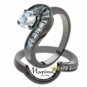 1.38 Ct Round & Bagguete Cz Gray Stainless Steel Wedding Ring Set Womens Sz 5-10 - Picture 1 of 7