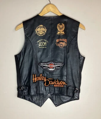 Vintage 80s HARLEY DAVIDSON Motorcycle Black Leather Vest Patches Women’s Size L - Image 1 of 4