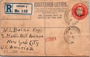 GREAT BRITAIN 1921 REGISTEERD STATIONERY COVER ADDR USA CANC CROYDON - Picture 1 of 2