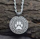 Stainless Steel Mens Norse Viking Fenrir Wolf Bear Paw Rune Pendant Necklace