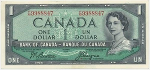 Kanada P-75a 1954 modifizierte Haare 1 $ Banknote Beattie, Coyne vz - Bild 1 von 5