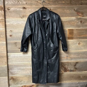 Vintage Wilsons Leather Jacket Women Black Snap Button Long Trench Coat Small P - Picture 1 of 13