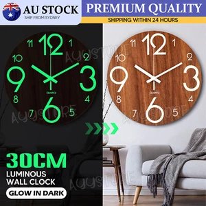 12 inch Silent Glow In Dark Wall Clock Luminous Non Ticking Quartz Wooden Modern - Picture 1 of 9