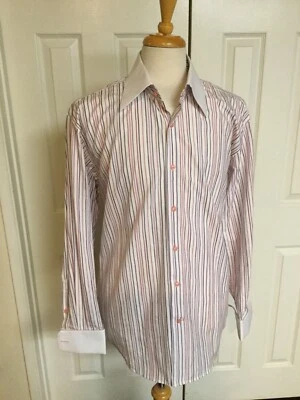 Camisa de vestir Angelino manga larga con botones para hombre talla 17 blanca rosa púrpura a rayas Foto 1 de 4