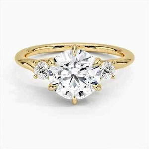 Round Lab Grown Diamond Engagement Ring – Three Stone Setting in 14K Gold - Picture 1 of 4