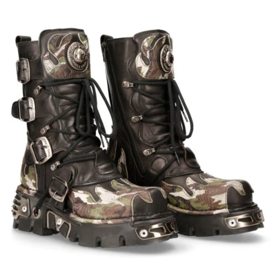 NEW ROCK 591-S15 Boots CAMOUFLAGE Flame Metallic Black Leather Goth Punk Biker - Image 1 of 4