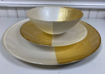 VIETRI Two Tone Glass White & Gold Dinner & Salad Plate & Cereal Bowl NEW - Image 1 of 4