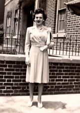 Vintage 1940's Photograph Cute Woman in Suit Standing Brick Apartment Building