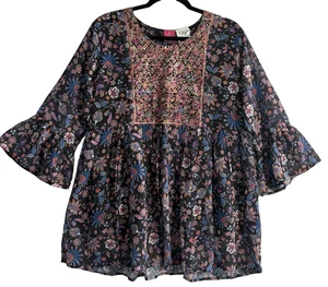 LABISA Women Tunic Top Long Ruffle Sleeves Embroidered Lined Sz L Black  5-7 - Picture 1 of 14