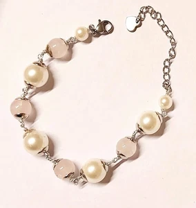 Bracciale in acciaio alluminio con quarzo rosa tondo da 8 mm perle sintetiche  - Imagen 1 de 5