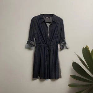 Mlle Gabrielle Women’s Chambray Dress Size Large Blue Roll Tab Sleeves - Picture 1 of 8