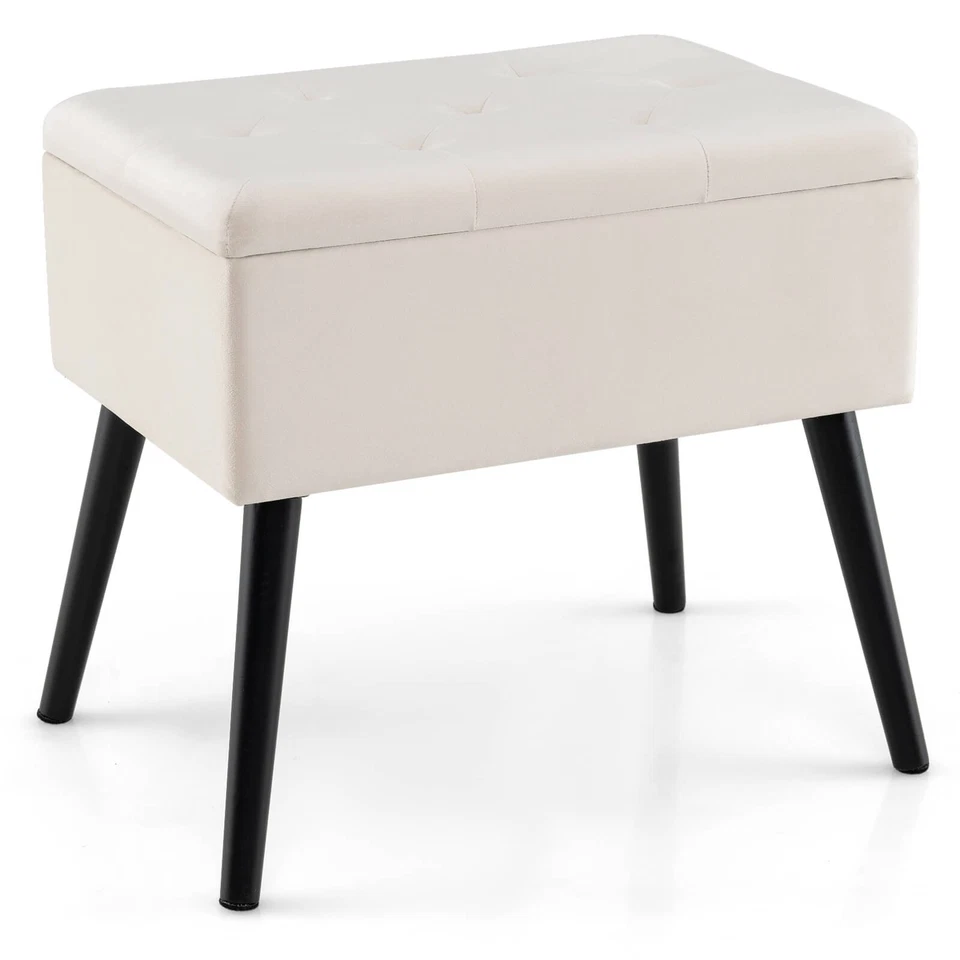 Costway Vanity Stool Footrest Tufted Flip Top Velvet Storage Ottoman w/Wood Legs