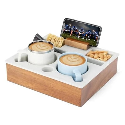 Couch Cup Holder Tray, Portable Silicone Acacia Wooden 2 Cup Holder for White - Image 1 of 4