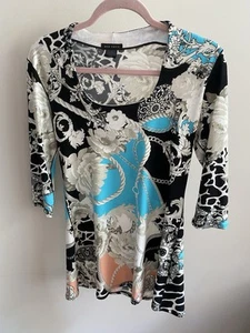Eva Varro Dress Tunic Sz Med Top Art to Wear Black Ivory Teal Floral Chain Link - Picture 1 of 7