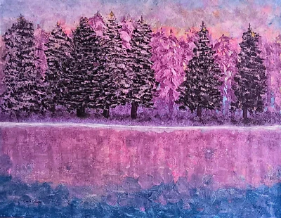 Pintura Paisagem Original Bob Ross Estilo Arte Árvores Rio Pôr do Sol Carla Dançante - Imagem 1 de 2