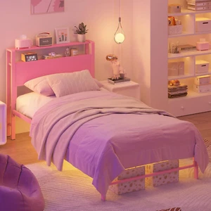 Twin Size Bed Frames W/2 Tiers Wood Shelves Headboard Metal Platform Bed Frame - Picture 1 of 6