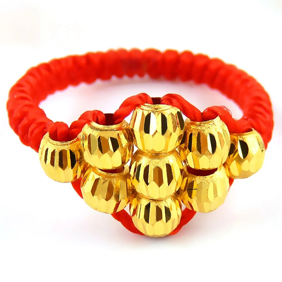 Pure 999 24K Yellow Gold Band Men Women Lucky Laser Bead Red Cord Braided Ring - Image 1 of 4
