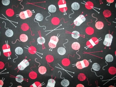 YARN BALLS SKEINS KNITTING NEEDLES KNITTERS RED GRAY BLK COTTON FABRIC FQ - Image 1 of 4