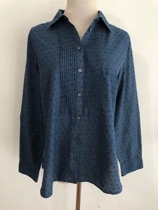 Talbots Tuxedo Pleat Shirt Blouse Dark Blue Chambray w/Navy Swiss Dots Size S - Picture 1 of 12