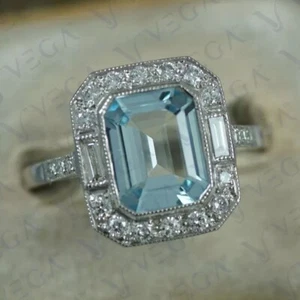 5.90ct Emerald Cut Natural Aquamarine Gemstones Diamond Ring Real 14K White Gold - Picture 1 of 12