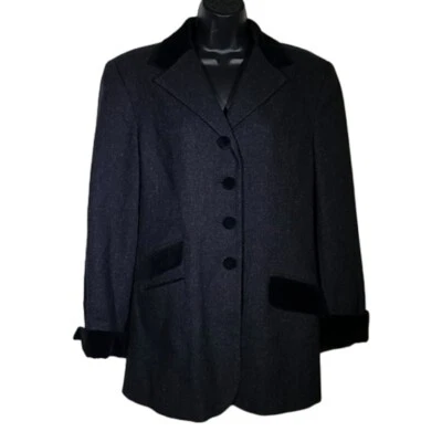 Vintage 80s Grey Wool Black Velvet Trim Peacoat Md - Image 1 of 4