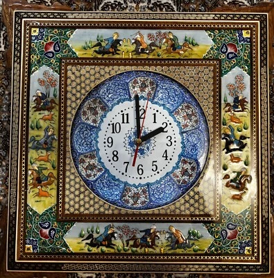Reloj persa artesanal (Khatam+Mina+pintura en miniatura) | Decoración de pared única Foto 1 de 4