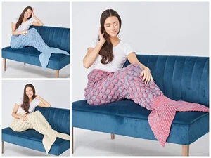 Mermaid Fish Tail Knitted Crocheted Snuggle Warm Cosy Kids Adults Sofa Blanket - Picture 1 of 14