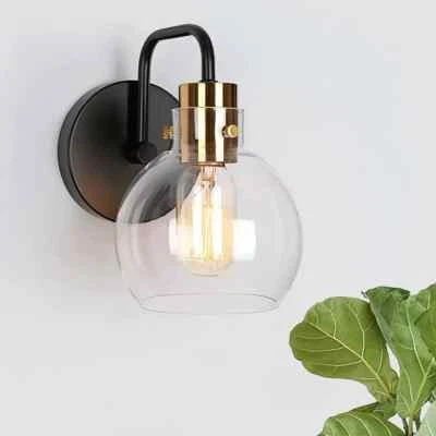 Aplique de pared Zevni industrial negro moderno latón vidrio transparente luz de tocador Foto 1 de 4