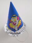 Chapeau cône en papier vintage clown de cirque joyeux anniversaire fête bleu bozo frange argent