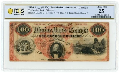 18XX Marine Bank of Georgia Savannah GA $100 устаревший PCGS VF25 GA295-G18a 65635 - Изображение 1 из 2