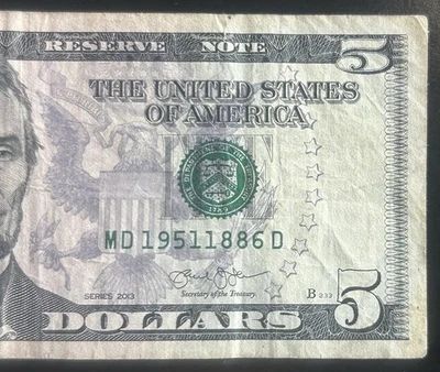 $5 Fancy Serial Number Memorial Tombstone Year Note MD19511886D (1886-1951) - Image 1 of 3