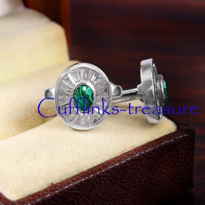 Натуральные драгоценные камни малахит и фианит с запонками из стерлингового серебра 925 пробы для мужчин No9 - Изображение 1 из 4