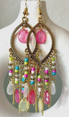 Pendientes colgantes borla lágrima recortada oro cuentas multicolor rosa de 4" nuevos Foto 1 de 3