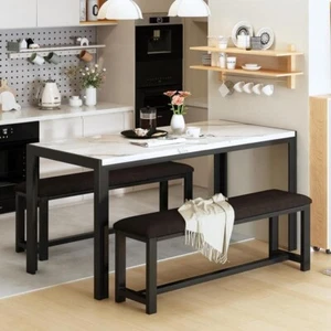 Faux Marble Dining Table Set with 2 Benches – Space Saving, 4 Seater - Picture 1 of 10